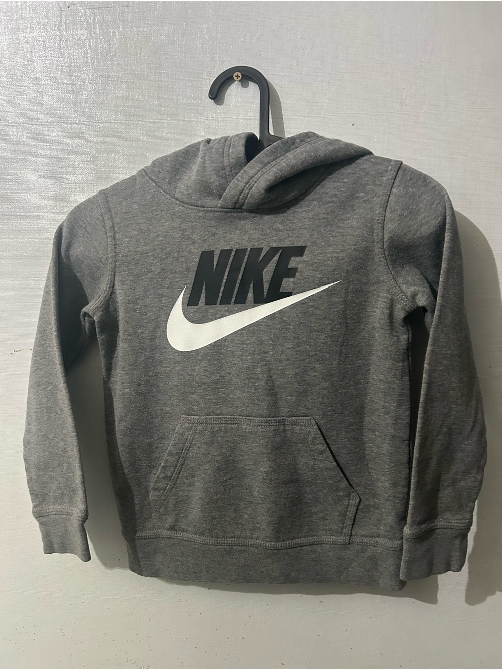 Nike Kids Gray Hoodie with White Swoosh and Black Logo